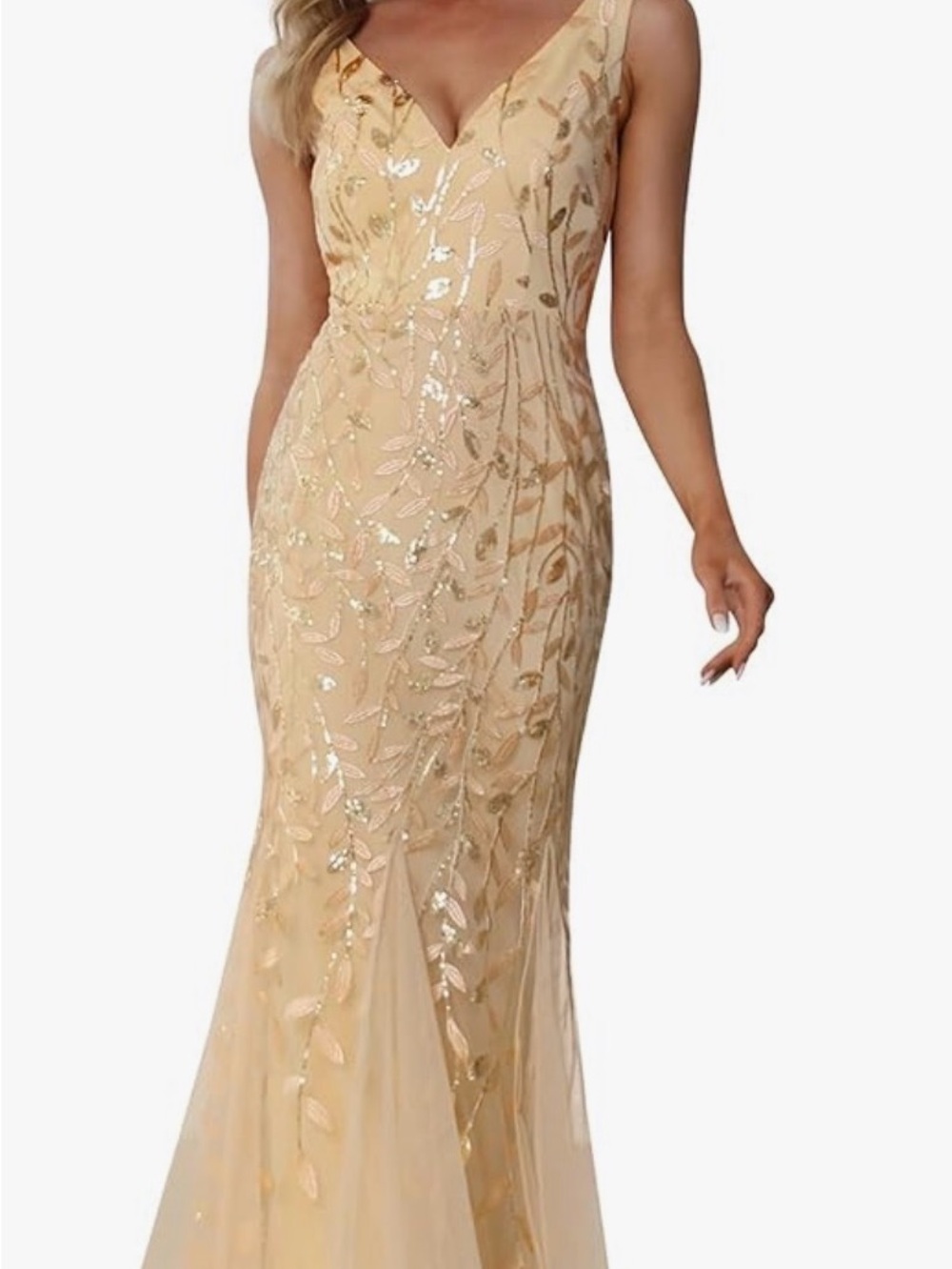Elegant Gold Sequin V-Neck Evening Gown - Picture 1 of 5